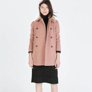 Zara Pink Pea Coat with Faux Fur Collar